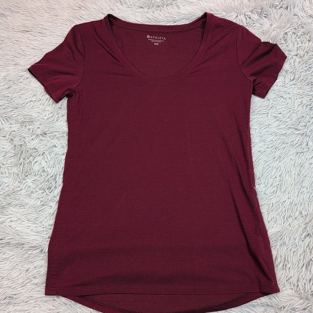 Athleta Shirt Womens XXS Maroon Tee Athletic Stretch Active Wear Yoga Comfort